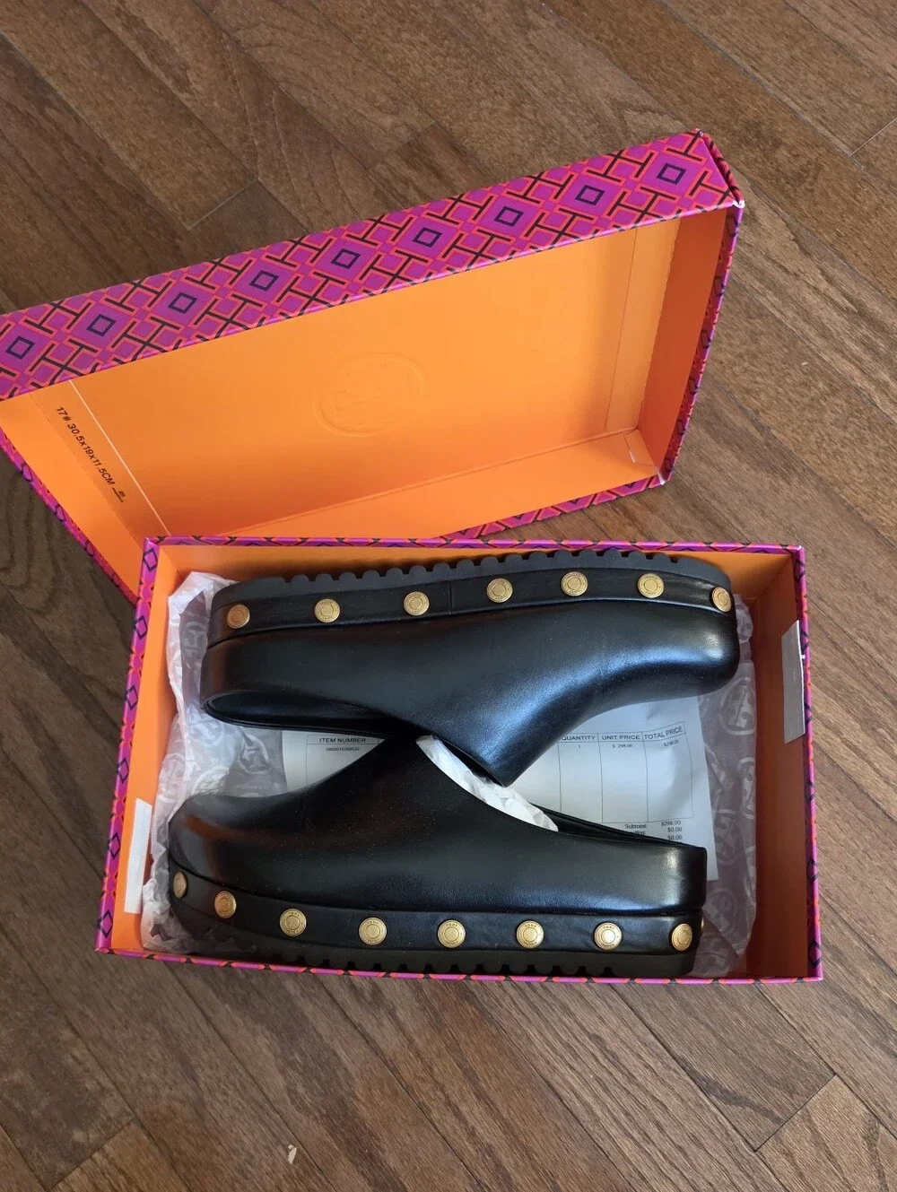TORY BURCH Black Leather Studded Platform Clogs Mules Size 8 New in Box